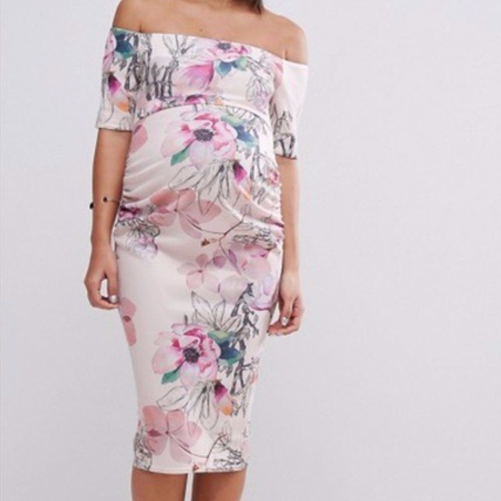 ASOS MATERNITY-FLORAL MIDI-OFF SHOULDER-Bubble Hem